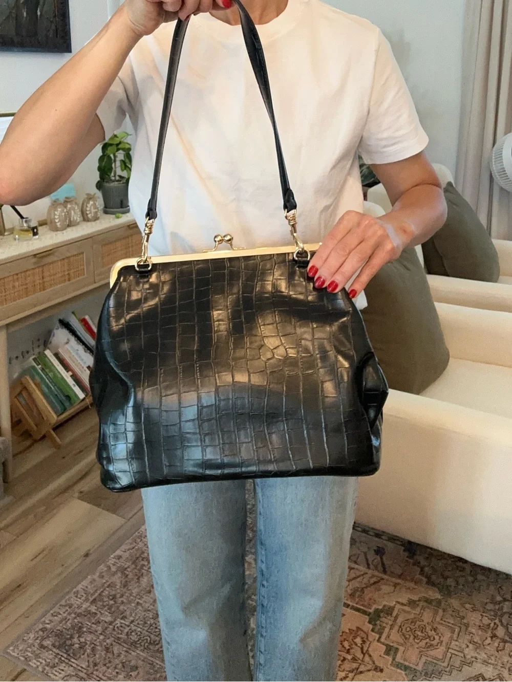Classic Black Croc-Embossed Frame Shoulder Bag with gold kiss lock